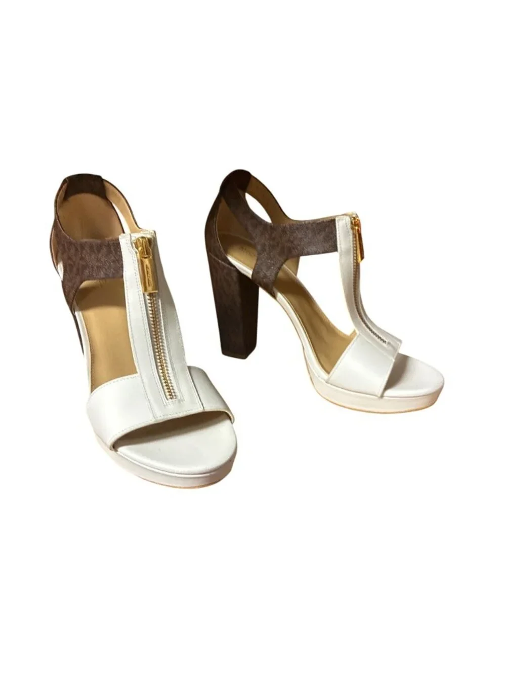 Michael Kors Berkley Sandal OP White Brown Leather Slingback Sandal‎ Heels 9M